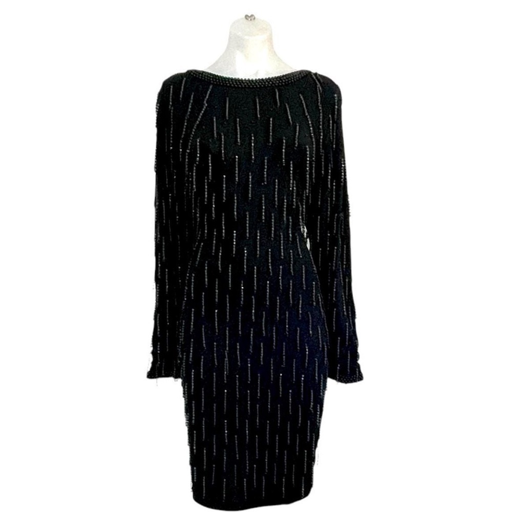 Vintage Laura Winston Black Beaded Midi Dress. (L)
